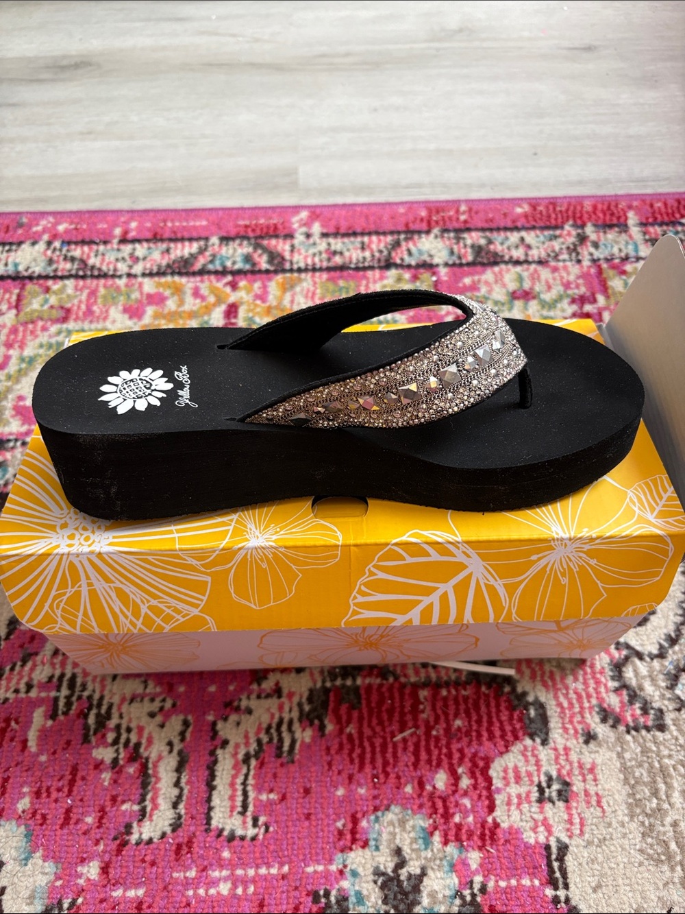 NWT Yellow Box Black Wedge Sandal with Sparkling Crystal Strap